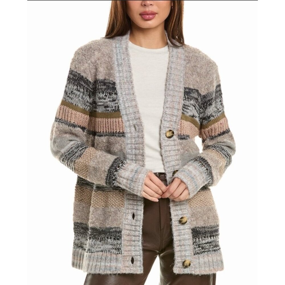 Cabi Gray Boyfriend Cardigan Sweater Size M Long Oversized Multicolor Nordic